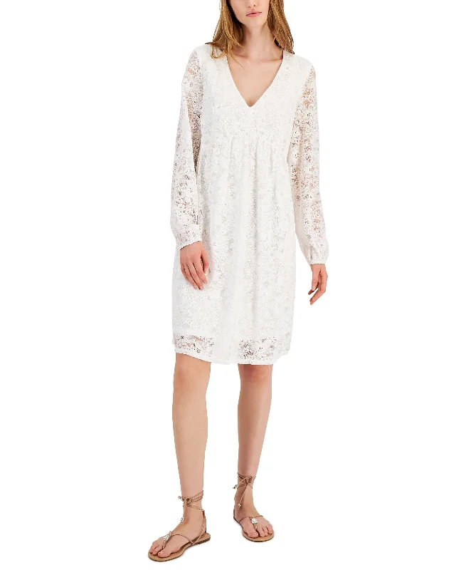 Lace Empire-Waist Bow-Back Shift Dress Off-the-shoulder Chic Trendy