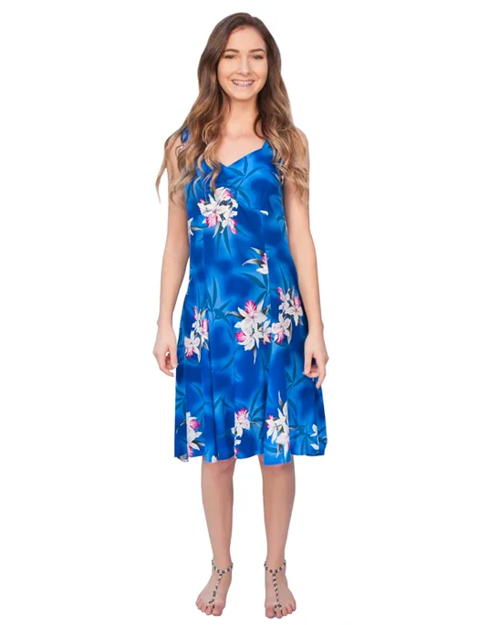 Midnight Orchid - Tropical Hawaiian Aloha Print Sun Dress in Blue Tunics Sophisticated sleek Midnight Orchid - Tropical Hawaiian Aloha Print Sun Dress in Blue Tunics Sophisticated sleek