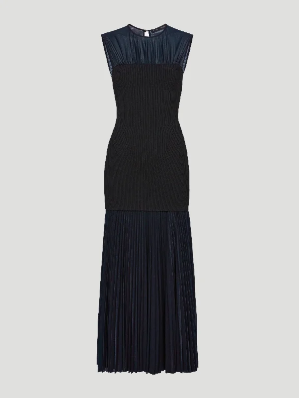 Niki Sheer Pleated Jersey Long Dress with Knit Bodice Tunics Silk luxurious