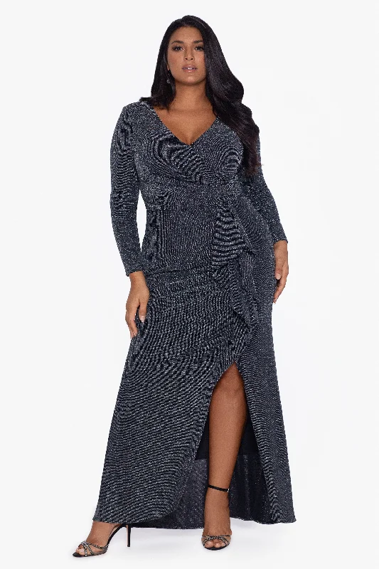 Plus "Rhonda" V-Neck Metallic Knit Long Dress Tunics Versatile functional