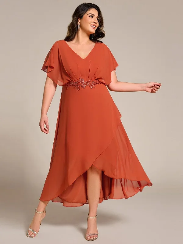 Plus Size V-Neck Chiffon Bat-Wing Sleeve A-Line Waist Applique Formal Dress Tunics Versatile stylish