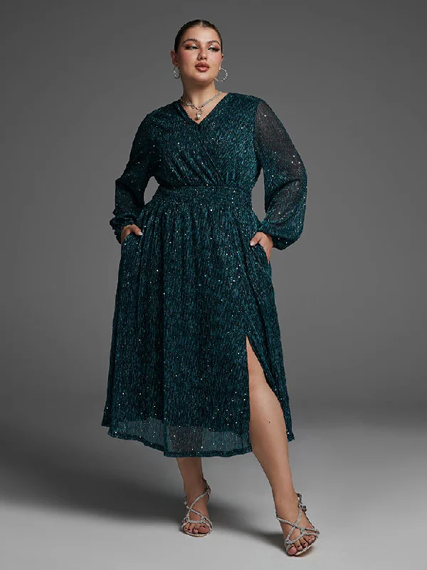 Pocket Elastic Waist Split Sequin Dress Tunics Recommended stylist