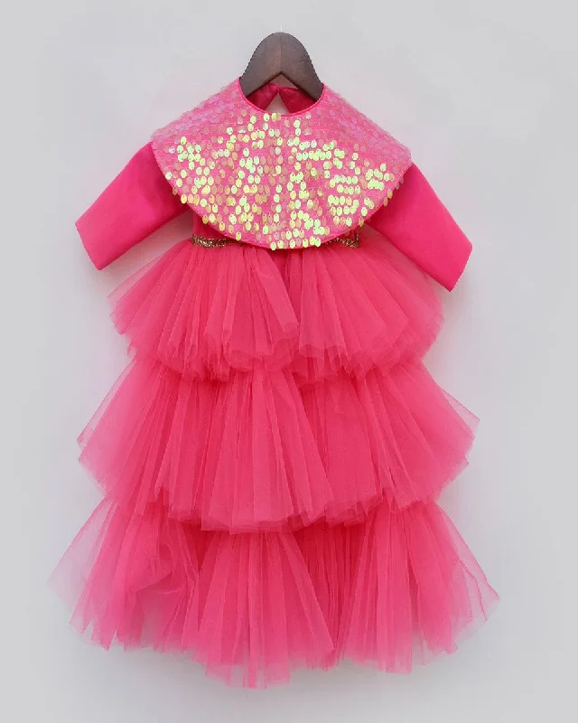 Pre-Order: Hot Pink High Low gown with Sequined Cape Tunics Lace romantic