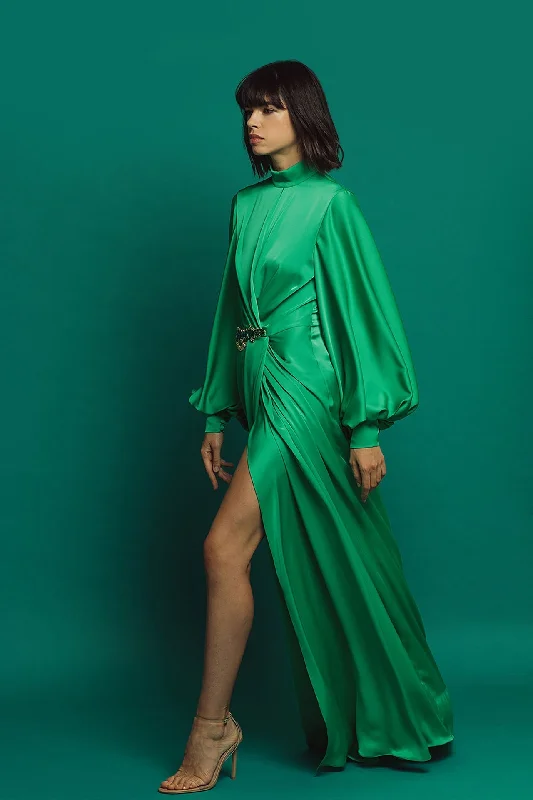 Puff sleeves pleated gown faeturing broche on waistline Tunics Exclusive limited