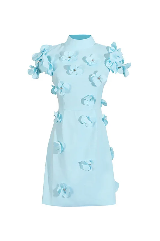 Romantic Rosette Applique Mock Neck Cape Sleeve Sheath Party Mini Dress Tunics Print Colorful Romantic Rosette Applique Mock Neck Cape Sleeve Sheath Party Mini Dress Tunics Print Colorful