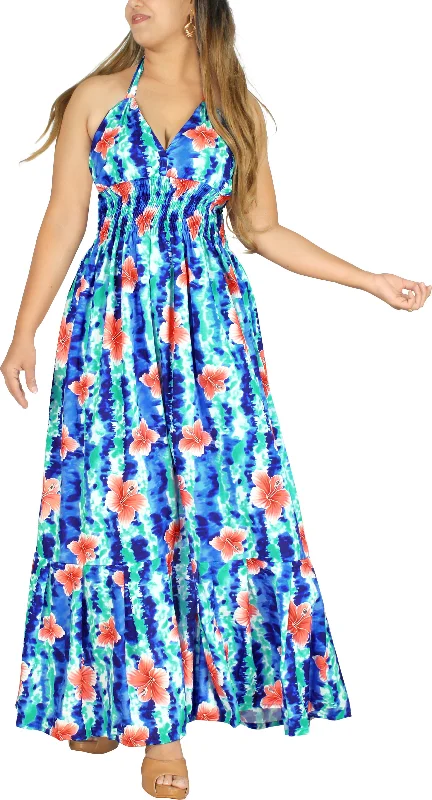 Royal Blue and White Floral Printed Halter Neck Long Dress Tunics Sale discount