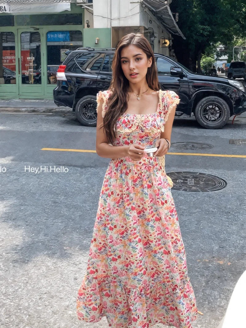 Ruffled Bodice Vibrant Floral Long Dress Shift Classic Vintage
