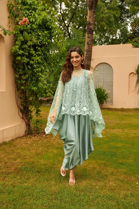 Sahanna Scalloped Floral Mesh Cape with Slip Easy Dress - Cool Green Tunics Canvas sturdy