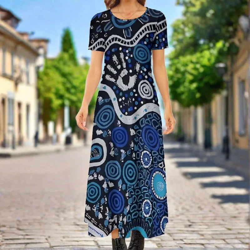 Short Sleeve Round-Neck Long Dress Round neck short sleeve dress Tunics Evening elegant