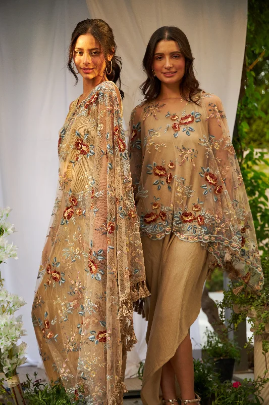 Slip Easy Dress with Floral Mesh Cape - Nude Tunics Office stylish