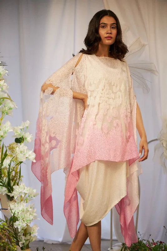 Slip Easy Dress With Organza Cape - Pink White Tunics Denim casual