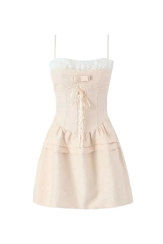 Sweet Layered Lace Sweetheart Bow Front Laced Drop Waist Mini Sundress Tunics Stylish elegant Sweet Layered Lace Sweetheart Bow Front Laced Drop Waist Mini Sundress Tunics Stylish elegant