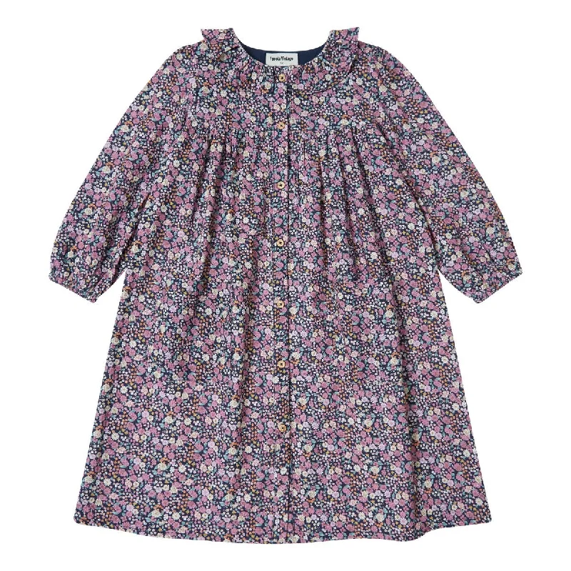 Tocoto Vintage Long Dress Buttons Print Navy Flowers Navy Tunics Travel practical