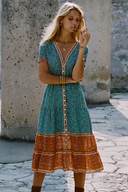 Vintage Floral Print Empire Waist Boho Chic Dress - Teal Blue Tunics Chic fashionable Vintage Floral Print Empire Waist Boho Chic Dress - Teal Blue Tunics Chic fashionable