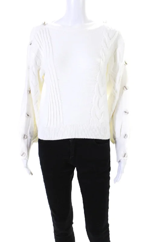 Adeam Womens Cottage Button Sleeve Boat Neck Sweater Top White Sequined Glittery Shiny
