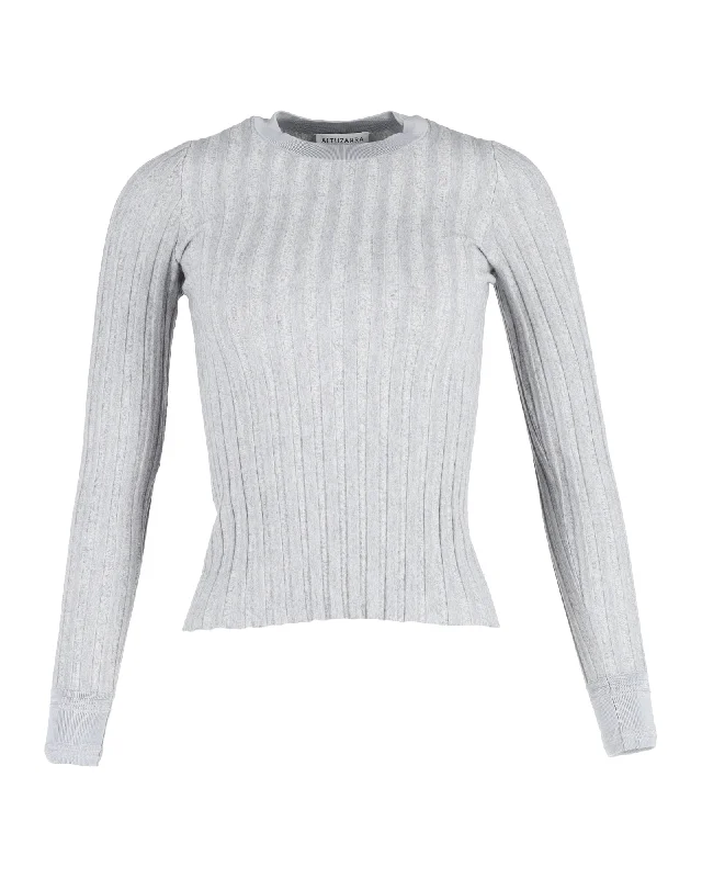 Altuzarra Fitted Ribbed Long Sleeve Sweater in Grey Wool Toggled Drawstring Belted