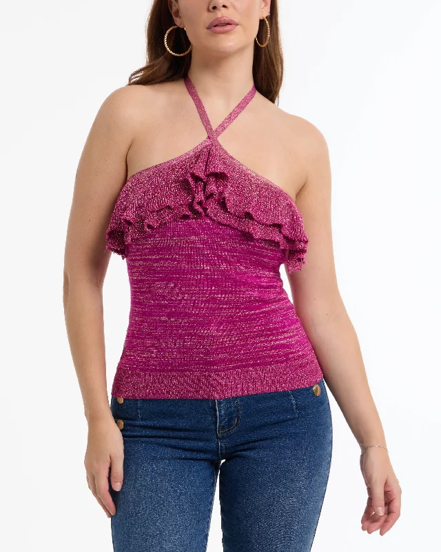 BEBE Women's Halter Lurex Sweater Ruffle Top Soft Cozy Warm