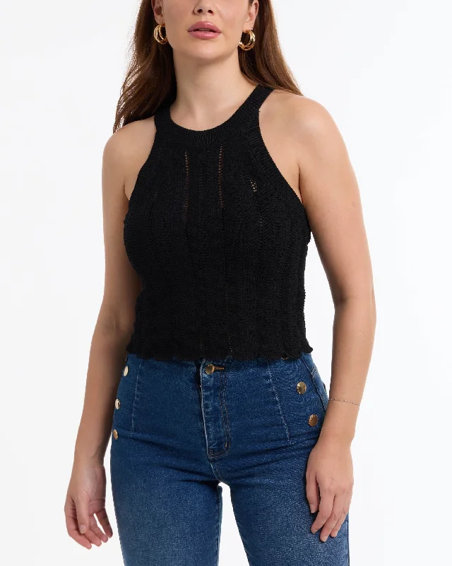 BEBE Women's Scallop Hem Pointelle Sweater Halter Top Casual Formal Business