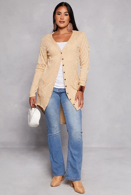 Ribbed Button Front High Low Sweater Anti-Pilling Anti-Shrink Durable