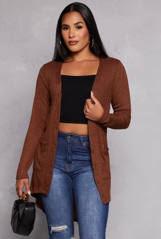 Ribbed Button Front High Low Sweater Iron Safe Non-Iron Wrinkle Free