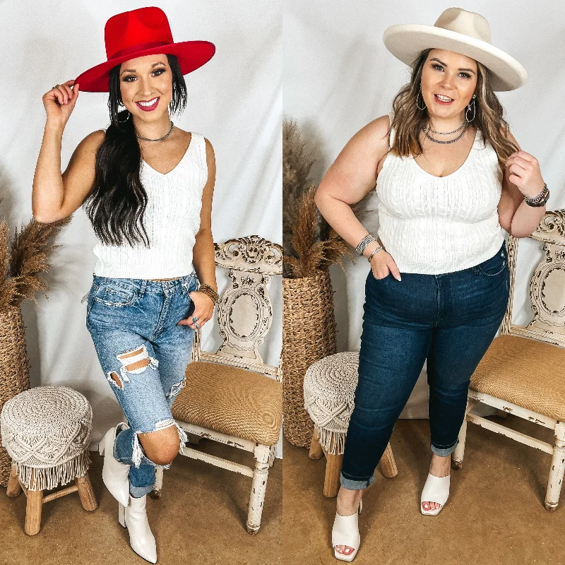 Forever Famous Cropped Sweater Tank Top in Ivory Spandex Blend Rayon Blend Denim Blend Forever Famous Cropped Sweater Tank Top in Ivory Spandex Blend Rayon Blend Denim Blend