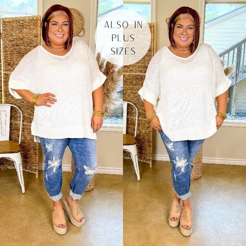 Right Idea Short Drop Sleeve V Neck Knit Sweater in Ivory Mesh Sweater Canvas Denim