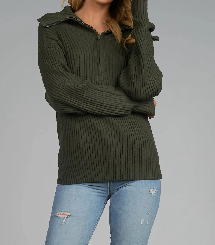 F22 Sweater Zipper In Olive Ribbed Striped Patterned