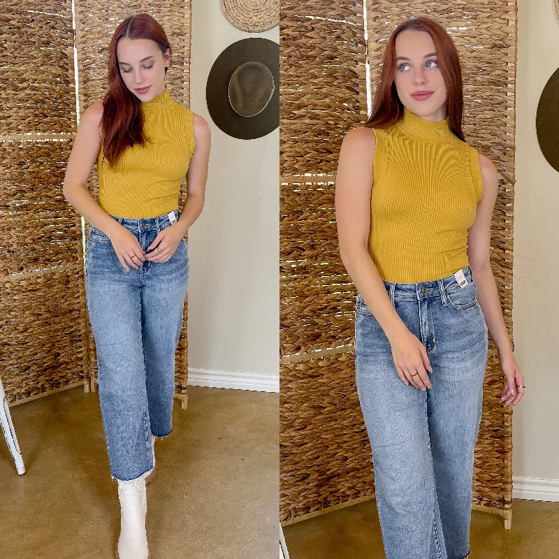 After Glow High Neck Ribbed Sweater Tank Top in Mustard Yellow Silk Blend Satin Velvet