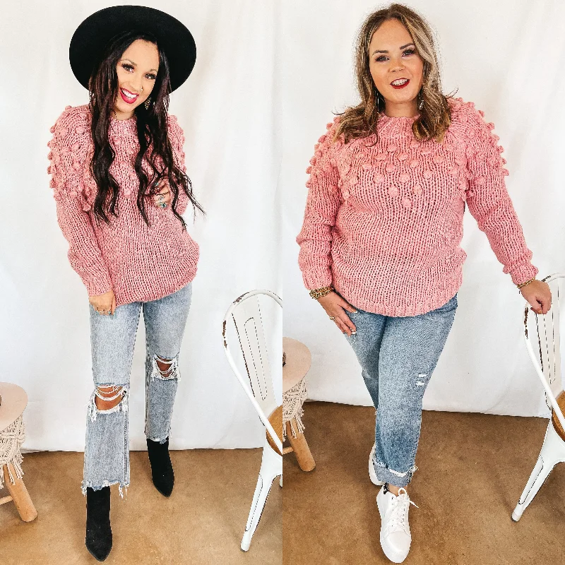 Puff of Magic High Neck Sweater with Pom-Pom Upper in Pink Fleece Fabric Down Fabric Feather Fabric