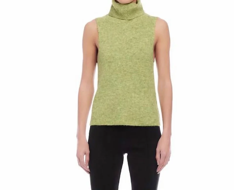 Kelli Turtleneck Sweater Tank In Green Seamless Knitted Crochet