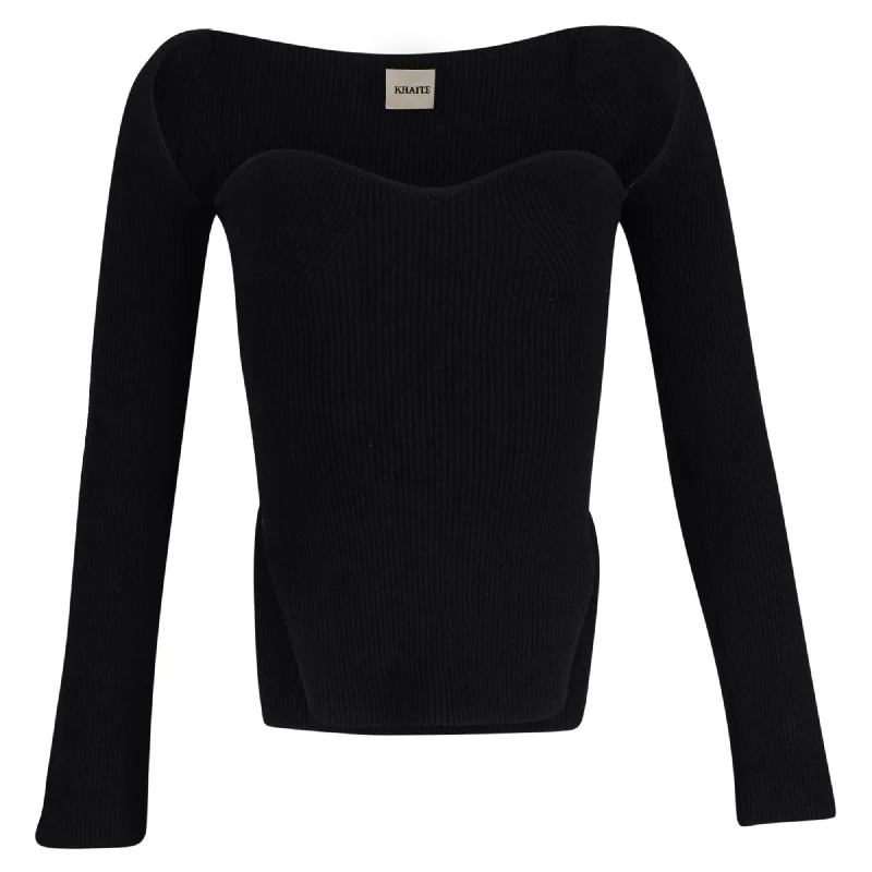 Khaite Maddy Ribbed-Knit Sweater in Black Viscose Tailored Straight A-Line
