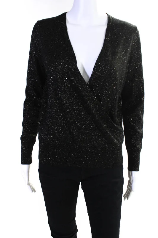Lafayette 148 New York Womens Metallic Wrap Sweater Blouse Black Gold Satin Blend Silk Blend Wool Blend