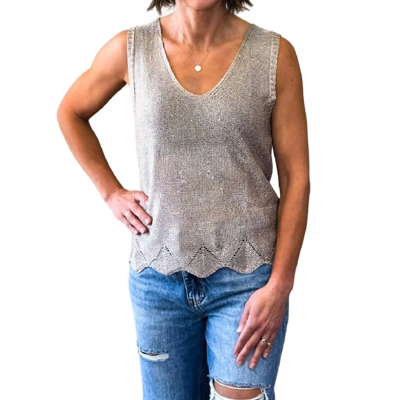 Little Sparkle Sweater Tank In Taupe Ribbed Striped Patterned