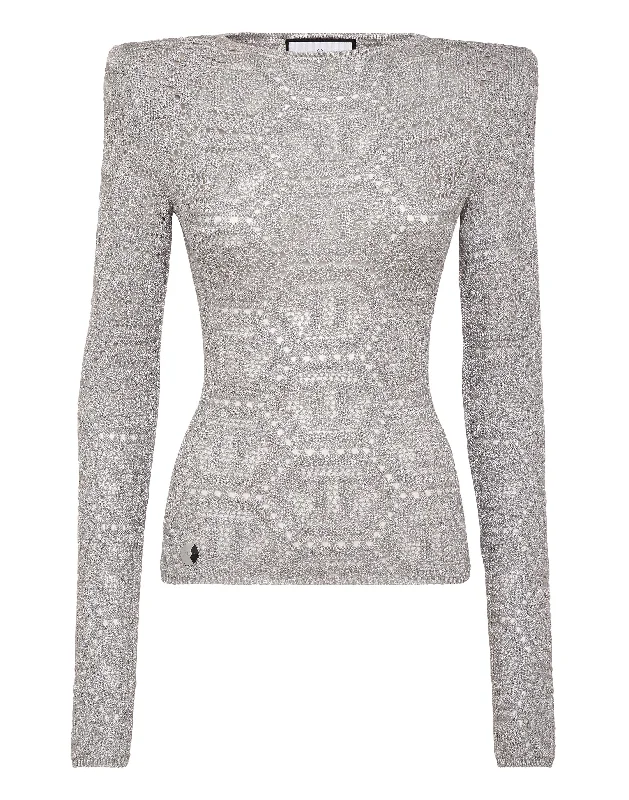 Lurex Padded Shoulder Sweater Hexagon Neon Metallic Matte