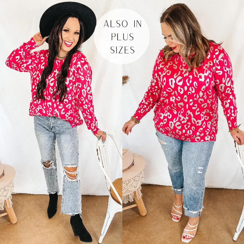 Last Chance Size 2XL/3XL | Trend Spotter Silver Metallic Leopard Print Sweater with Zipper Detail in Fuchsia Pink Knit Fabric Woven Fabric Fleece Fabric Last Chance Size 2XL/3XL | Trend Spotter Silver Metallic Leopard Print Sweater with Zipper Detail in Fuchsia Pink Knit Fabric Woven Fabric Fleece Fabric