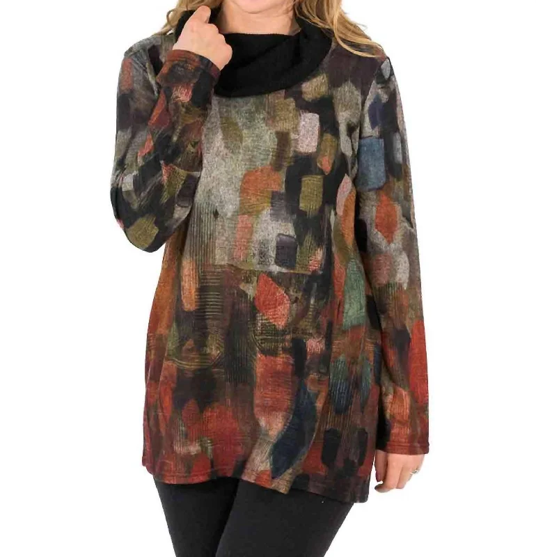 Mix Print Contrast Cowl Neck Tunic Sweater In Red Multi Real Fur Shearling Chenille