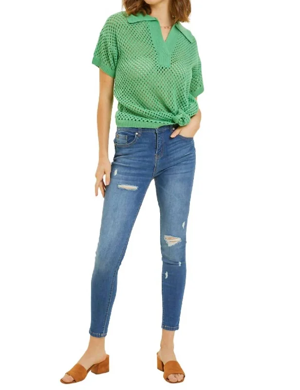 Open Knit Sweater Polo Top In Kelly Green Sweater Knitwear Pullover