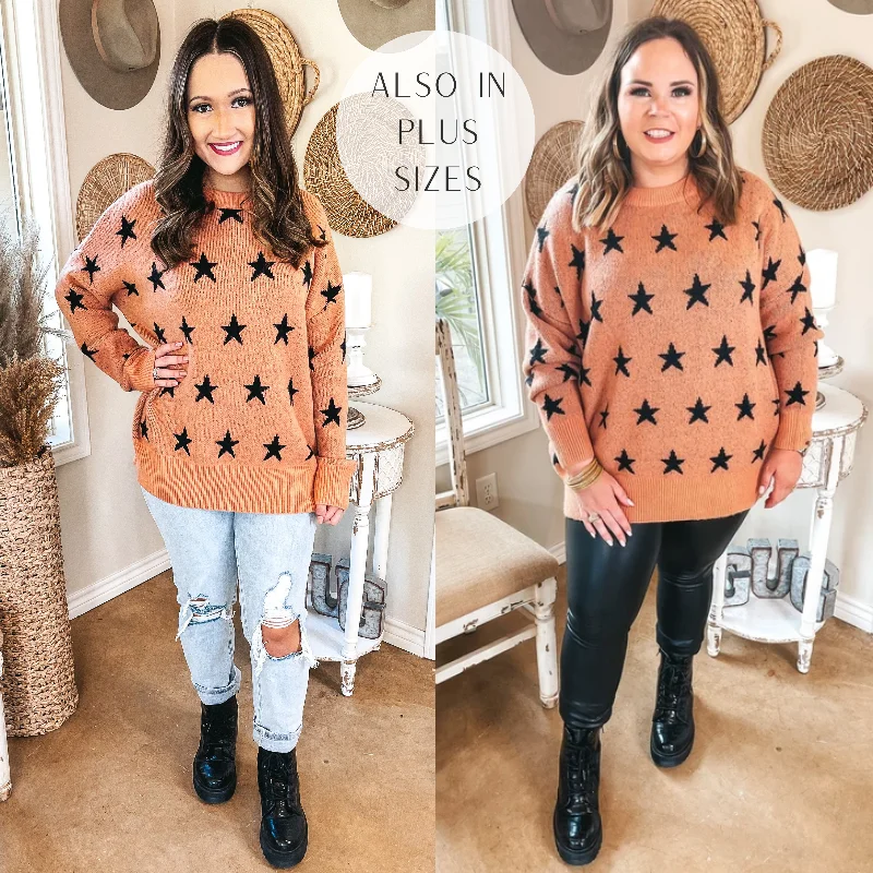 Pumpkin Spice Dreams Star Print Long Sleeve Sweater in Coral Orange Mesh Fabric Canvas Fabric Denim Fabric Pumpkin Spice Dreams Star Print Long Sleeve Sweater in Coral Orange Mesh Fabric Canvas Fabric Denim Fabric