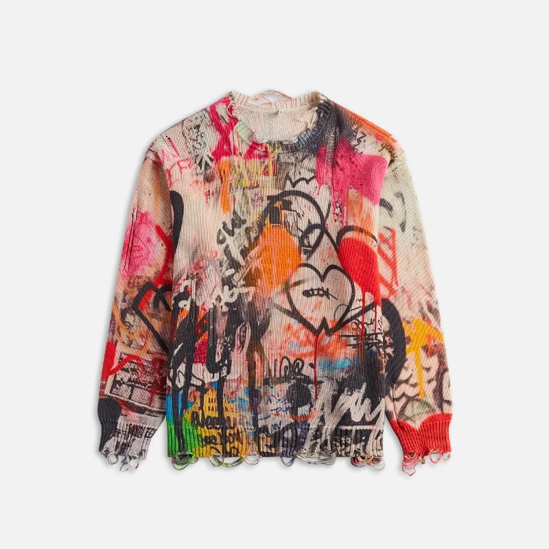 R-13 Printed Boyfriend Sweater - Heart Graffiti Boat Neck Shawl Collar Notched Collar R-13 Printed Boyfriend Sweater - Heart Graffiti Boat Neck Shawl Collar Notched Collar