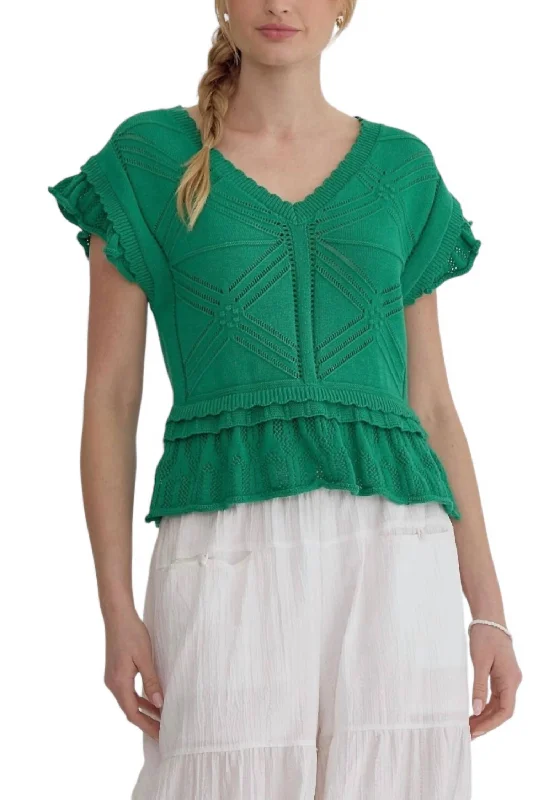 Seasons Change Pointelle Sweater Top In Green Lace Blend Ribbed Blend Corduroy Blend