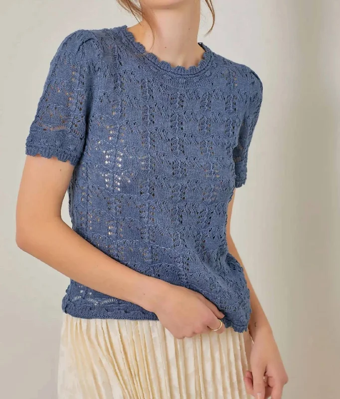 Sequoia Crochet Sweater In Dusty Blue Welt Pockets Slit Pockets Flap Pockets