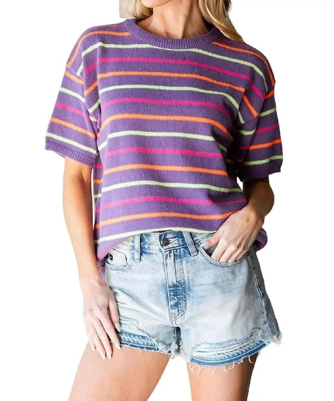 Striped Knitted Sweater In Multi Stretchy Elastic Breathable