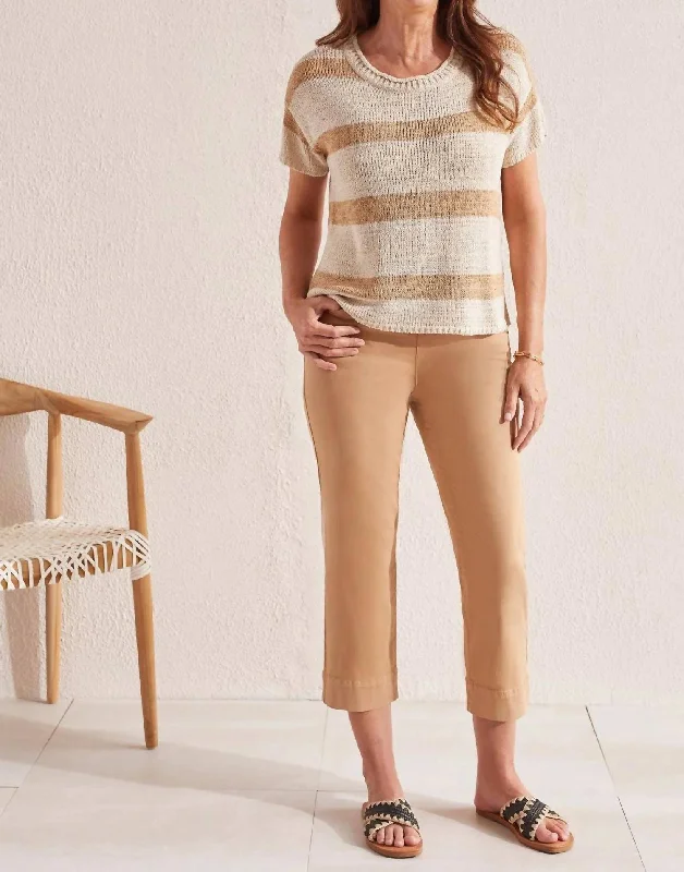 Striped Short-Sleeve Sweater In Dune Lightweight Heavyweight Midweight