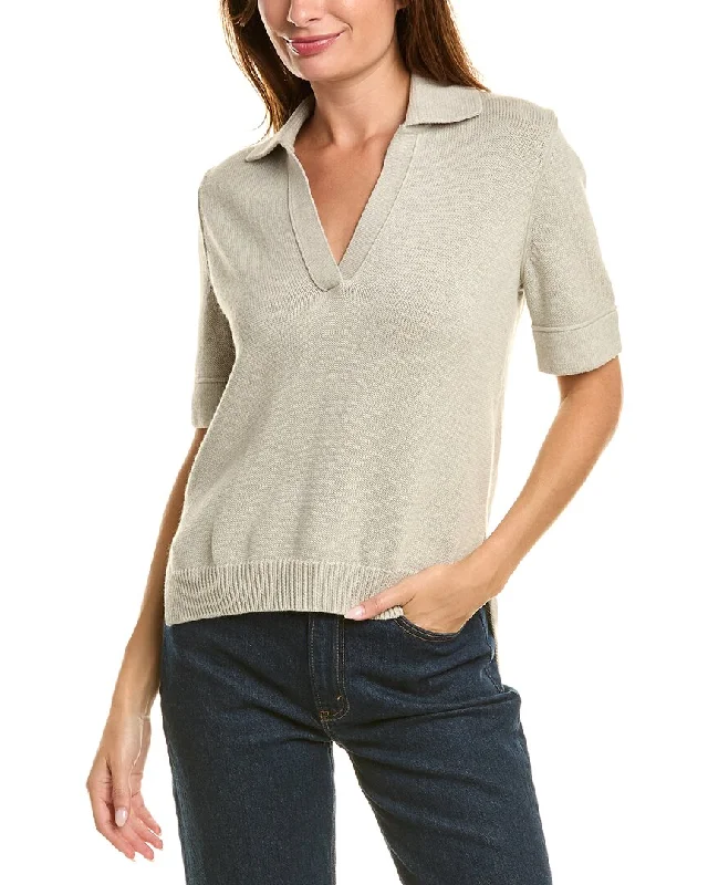 Theory Easy Cashmere-Blend Polo Sweater Houndstooth Herringbone Solid