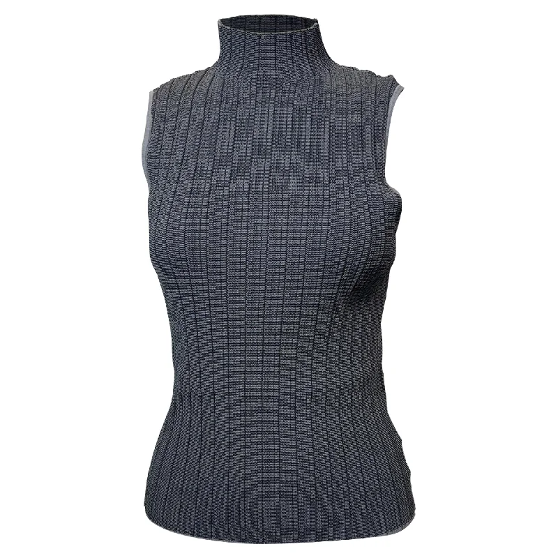 Theory Sleeveless Mock Neck Sweater in Grey Wool Glossy Satin Silk