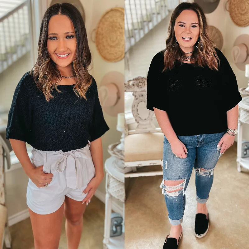 Together Again Short Drop Sleeve Cropped Sweater in Black Cable Knit Ribbed Knit Lace Knit Together Again Short Drop Sleeve Cropped Sweater in Black Cable Knit Ribbed Knit Lace Knit