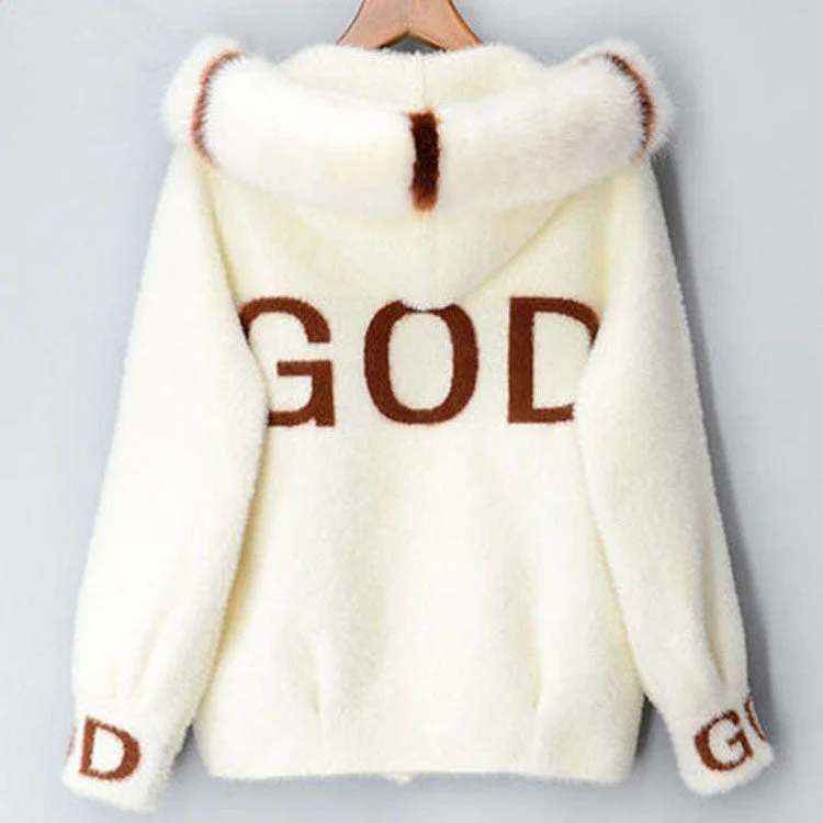 2022 Autumn Winter Women Faux Mink Fur Coat Loose Short Style Hooded 2022 New Fashion Girls Cute Sweater Coat Knit Fabric Woven Fabric Fleece Fabric