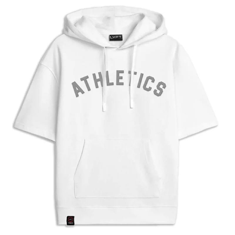 Athletics Short Sleeve Hoodie- White Hoodie with Hem Detail Decorative Unique