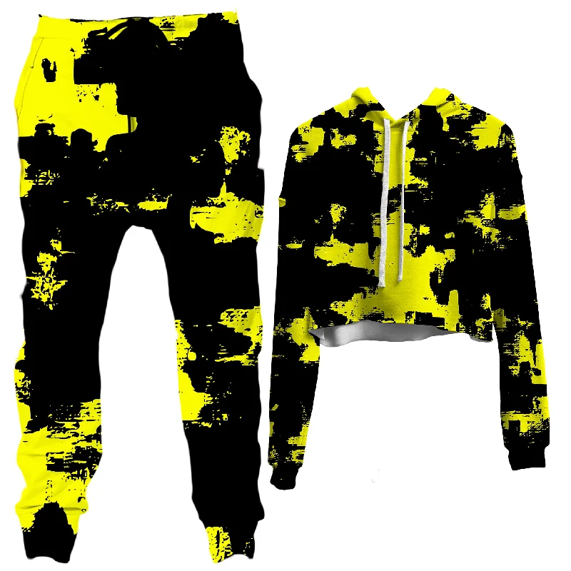 Black and Yellow Abstract Crop Hoodie and Joggers Combo Hoodie Dress Longline Feminine