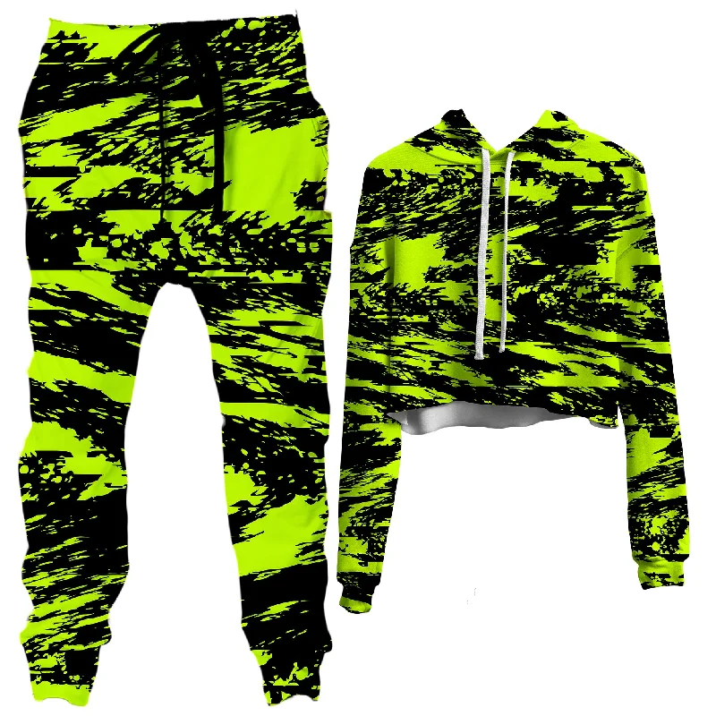 Black Lime Bolt Glitch Crop Hoodie and Joggers Combo Hoodie Crop Top Short Trendy